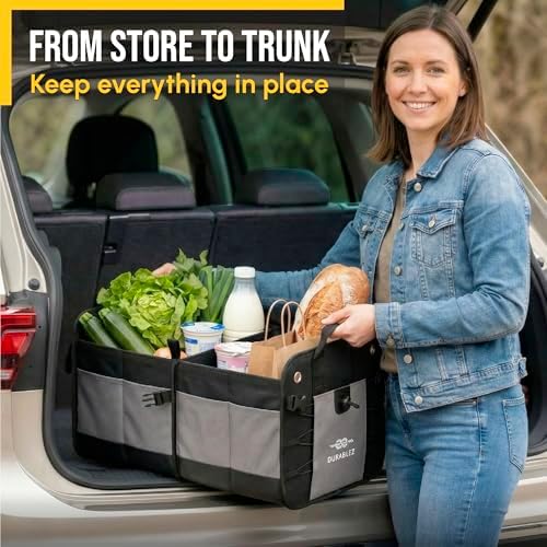 Car Trunk Organizer - Collapsible, Foldable - with Covering Net, Removable Dividers, Attachable Non-Slip Pads, Mounting Straps, and Stainless Hooks - for SUV, Truck, Sedan, Minivan, and Van - Gray - Image 5