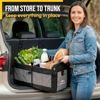 Car Trunk Organizer - Collapsible, Foldable - with Covering Net, Removable Dividers, Attachable Non-Slip Pads, Mounting Straps, and Stainless Hooks - for SUV, Truck, Sedan, Minivan, and Van - Gray - Image 5
