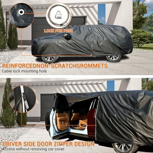 Tecoom Waterproof All Weather SUV Car Cover, 3-Layer Thick Fleece Lining with Lock & Zipper Door, UV Snow Rain Hail Protector, Universal Fit for SUV (191"–205"), Black - Image 2