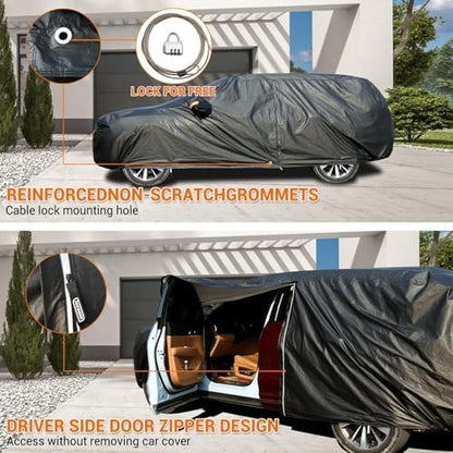 Tecoom Waterproof All Weather SUV Car Cover, 3-Layer Thick Fleece Lining with Lock & Zipper Door, UV Snow Rain Hail Protector, Universal Fit for SUV (191"–205"), Black - Image 2