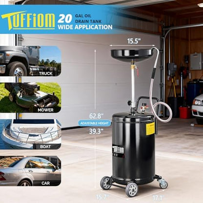 TUFFIOM 20 Gallon Waste Oil Drain Tank with Wheels & Handle, Adjustable Funnel Height Air-Operated Oil Drainer, Large Capacity Leak-Proof Oil Drain Container for Auto Fluids, Garage, Black - Image 2