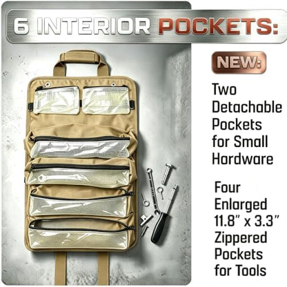 Heavy Duty Roll Up Tool Bag Organizer - 1680D Oxford, 23.6"x13", See-Through PVC Pockets, 12 Compartments for Mechanic, Electrician & Tradesperson - Image 6