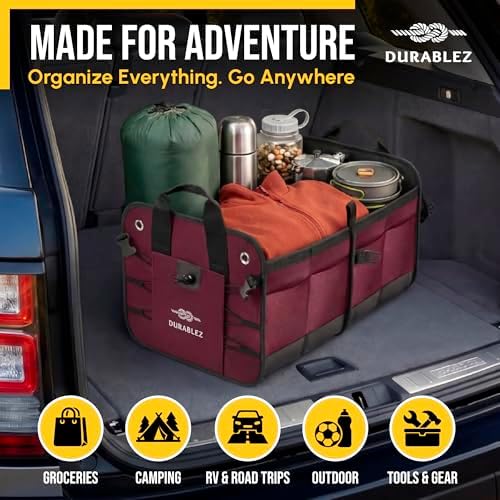 Car Trunk Organizer - Collapsible, Foldable - with Covering Net, Removable Dividers, Attachable Non-Slip Pads, Mounting Straps, and Stainless Hooks - for SUV, Truck, Sedan, Minivan, and Van - Cherry - Image 2