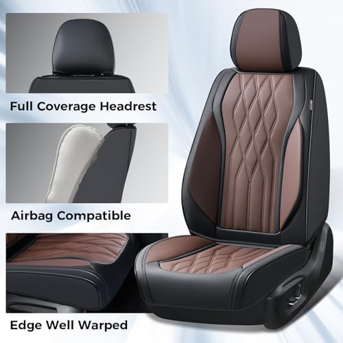 Coverado Front Seat Covers, Car Seat Protector, Waterproof Nappa Leather Cushion, Fit for Most Sedans SUV Pick-up Truck-Black&Coffee - Image 3