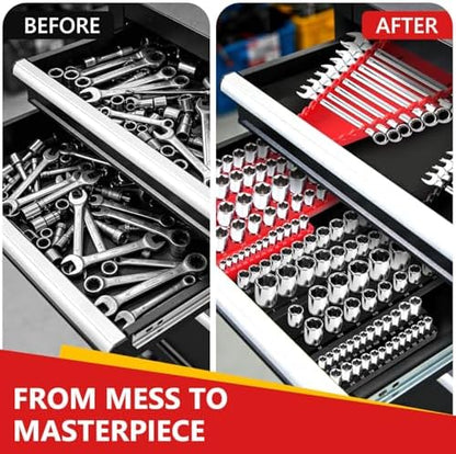 Magnetic Socket Organizer & Wrench Organizer Set, Socket Holder Set1/4", 3/8", 1/2" Drive Metric SAE Socket Storage，15 Slots Metric SAE Wrench Holder (Socket,Wrench not Included) (‎‎Black/Red) - Image 2