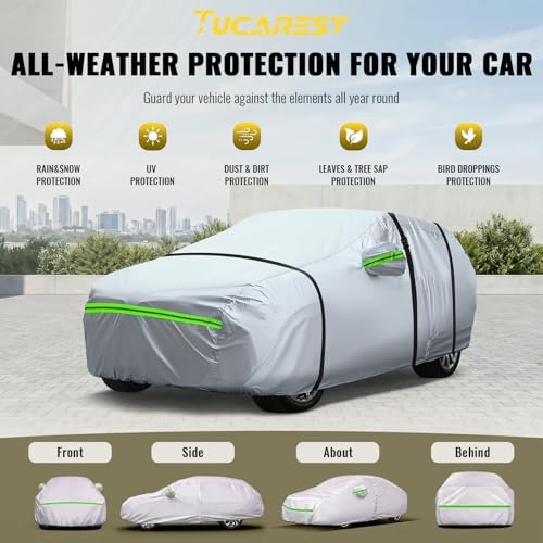 TUCAREST 6-Layers Premium Full Car Cover Hard Shell Zipper Design Waterproof All Weather Weatherproof UV Sun Protection Snow Dust Storm Resistant Outdoor with Straps (Fit for Sedan 165"- 181") - Image 4