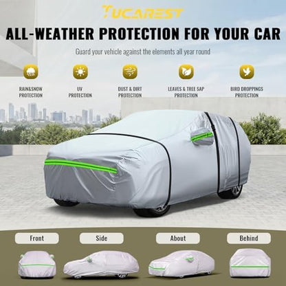TUCAREST 6-Layers Premium Full Car Cover Hard Shell Zipper Design Waterproof All Weather Weatherproof UV Sun Protection Snow Dust Storm Resistant Outdoor with Straps (Fit for Sedan 165"- 181") - Image 4
