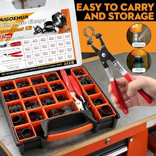327-Pcs 65Mn Spring Clamps Kit (23 Sizes, 6-38mm) with Swivel Jaw Pliers,Hose Removal Pliers & Tweezers - Constant Tension Fit For Fuel, Coolant, Vacuum & Silicone Hose（Black） - Image 6