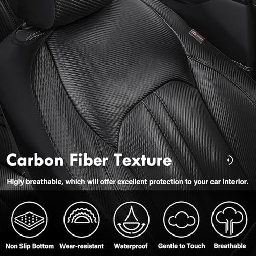 Coverado Leather Car Seat Covers Full Set & Carbon Fiber, Waterproof and Durable All Weather Protector, Universal Fit for SUV, Pickup Truck, Sedan, Automotive Vehicle Interior, Black - Image 5
