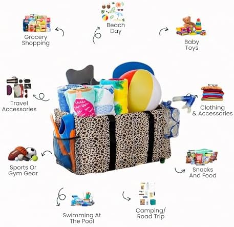 Extra Large Utility Tote Bag - Oversized Collapsible Reusable Wire Frame Rectangular Canvas Basket With Two Exterior Pockets For Beach, Pool, Laundry, Car Trunk, Storage - Leopard - Image 3