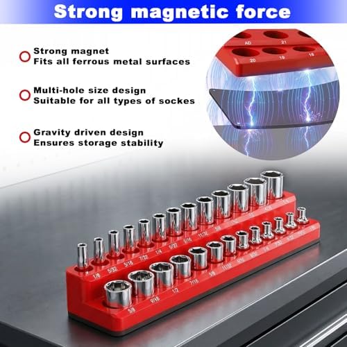 Magnetic Socket Organizer Set, 8PCS Socket Holder Organizer with 6 Socket Trays & 2 Wrench Racks, 1/4", 3/8", 1/2" Metric & SAE Tool Box Organizer for Garage, Toolbox, (Socket, Wrench not Included) - Image 3