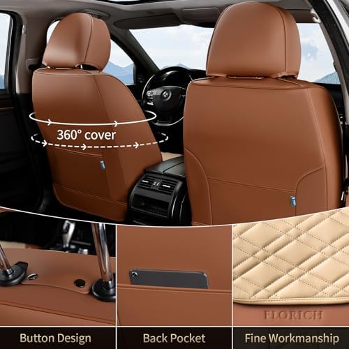 FLORICH Seat Covers, Atomutive Car Seat Covers Full Sets, Waterproof Seat Cover for Cars, Luxury Leather Universal Seat Cover Accessories Fit for Most Cars SUV Truck Sedans(Beige) - Image 4