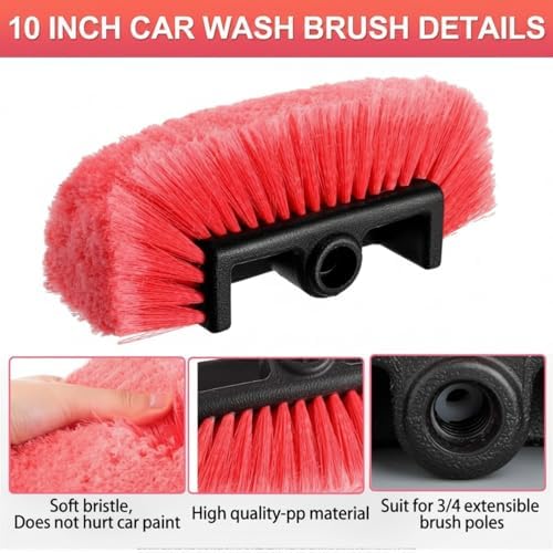 Vesici 4 Pcs Car Wash Brush Head with Soft Detailing Bristle Flow Thru Car Cleaning Brush Exterior Cars Wash Equipment for Auto Truck RV Boat Camper Washing, 10 Inch (Red) - Image 3