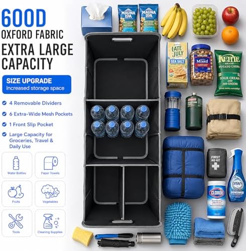 XL Car Trunk Organizer, 4 Compartments, 94L Capacity, Oxford Polyester 600D Material, Easy Fold and Store, Prevents Sliding - Image 4
