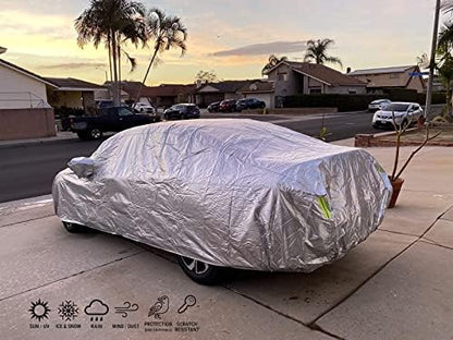 Tecoom Heavy Duty Multiple Layers Car Cover All Weather Waterproof Windproof Reflective Snow Sun Rain Protective Outdoor with Buckles and Belt Fit 191-200 Inches Sedan - Image 3