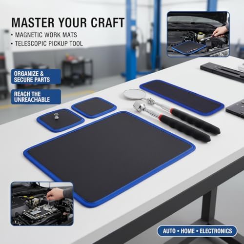 4-Piece Magnetic Tool Mat Set in 3 Sizes & 55LB, Tool Pad with PVC Layer, Non-Slip Parts Organizer includes Telescoping Pickup Tools & Inspection Mirror for Garage Workshop Auto Repair - Image 6