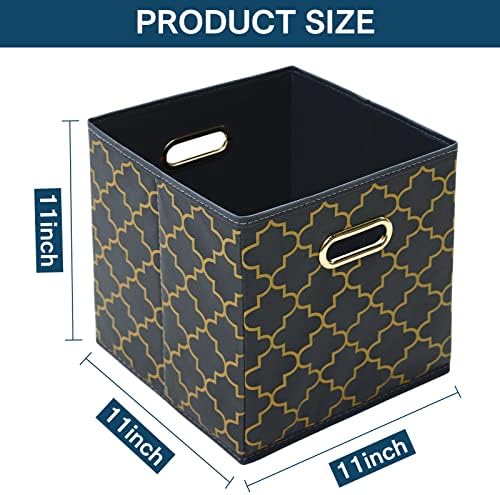 Fabric storage bins Cubes, Fabric Cube Organizer with Handle, Foldable Cube Bins for Cloth or Accessary Storage, 11x11x11, Set of 3, (Grey Gold) - Image 2