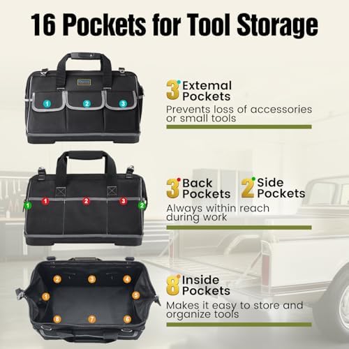 Tool Bag, Ounic 18 Inch Large Tool Tote Bag Heavy Duty With Waterproof Molded Base, Wide Mouth Tool Box Organizer with Adjustable Shoulder Strap for Electrician Mechanic Craftsman Plumbers(Black) - Image 3