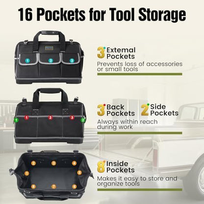 Tool Bag, Ounic 18 Inch Large Tool Tote Bag Heavy Duty With Waterproof Molded Base, Wide Mouth Tool Box Organizer with Adjustable Shoulder Strap for Electrician Mechanic Craftsman Plumbers(Black) - Image 3