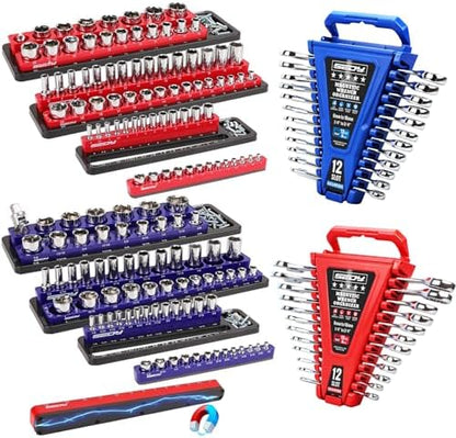 8-Piece Magnetic Socket and Wrench Organizer Set, Metric & SAE, 1/4", 3/8", 1/2"Drive Detachable Socket Storage Tray, 24-Slot Wrench Holder with Non-Slip Handle & Lock Cover for Toolbox Drawer Storage by SEDY