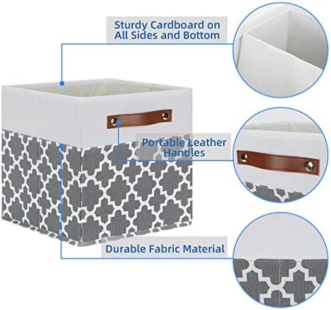 Temary 11x11x11 Cube Storage Bins Cube Organizer Bins 4 Pack Canvas Storage Bin for Home, Cube Storage Basket with Leather Handles(Grey Lattice) - Image 3