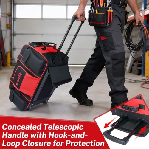 MELOTOUGH Rolling Tool Bag with Wheels, Heavy Duty Large Tool Bag with Concealed Telescoping Handle, Multi-Pocket Organizer for Construction, Electrician, HVAC, Mechanic - 4 Carrying Options (Red) - Image 5
