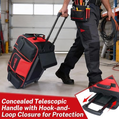MELOTOUGH Rolling Tool Bag with Wheels, Heavy Duty Large Tool Bag with Concealed Telescoping Handle, Multi-Pocket Organizer for Construction, Electrician, HVAC, Mechanic - 4 Carrying Options (Red) - Image 5