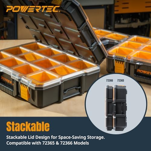 POWERTEC Small Parts Organizer & Tool Box – 10 Compartments, IP65 Water & Dust Protection, Stackable Storage with Interlocking Latch, Removable Tray, Clear Lid, Portable Design (72365) - Image 4