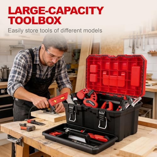 Tools Box, Deep Lockable Toolbox, 18.7 * 9.9 * 9.3" Durable Tool Boxes Storage, with Removable Inner Tray - Image 2