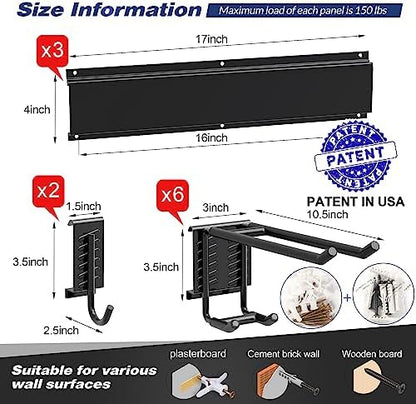 Sttoraboks Garage Wall Organizer, Heavy Duty Tool Hangers for Garage Wall with 8 Double Hooks & 3 Rails, Tool Organizer Wall Mount, Garage Hanging Storage Rack for Shovel, Rake, Broom and Ski Gear - Image 2