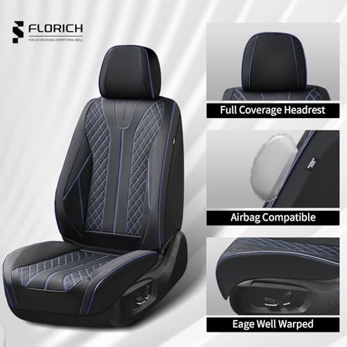 FLORICH Automotive Car Seat Covers Front Seat, Leather Car Seat Cover 2 Pack Waterproof Front Seat Covers Full Coverage Driver Seat Protector Universal Fit for Most Cars SUV Trucks, Black&Blue Line - Image 3