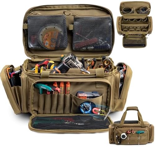 Heavy Duty Tool Bag Organizer with Strong Magnets & Detachable Pouches, Tactical Tool Tote for Men, Multiple Pockets, Anti-Friction Bottom Utility Tool's Bag for Electrician,Mechanic by FRECOLSH