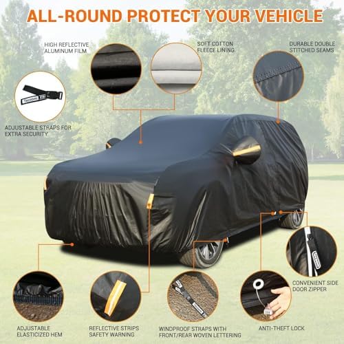 Tecoom Waterproof All Weather SUV Car Cover, 3-Layer Thick Fleece Lining with Lock & Zipper Door, UV Snow Rain Hail Protector, Universal Fit for SUV (191"–205"), Black - Image 3