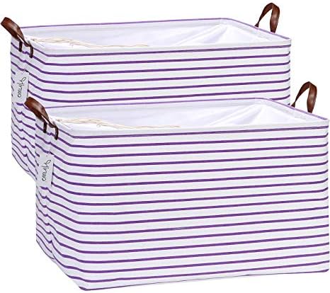 Hinwo 2-Pack Extra Large Canvas Fabric Storage Baskets with Handles, 70L Oversized Storage Bins, Collapsible Storage Box, Clothes, Toys, Blankets Organizers, 22 x 15 x 13 inches, (Purple Stripe) by Hinwo