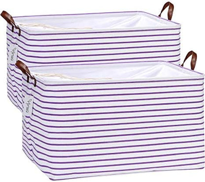 Hinwo 2-Pack Extra Large Canvas Fabric Storage Baskets with Handles, 70L Oversized Storage Bins, Collapsible Storage Box, Clothes, Toys, Blankets Organizers, 22 x 15 x 13 inches, (Purple Stripe) by Hinwo