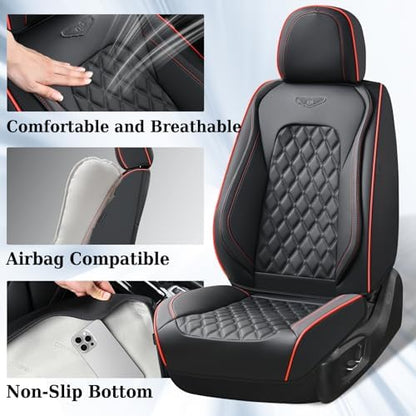Coverado Full Set Car Seat Covers, Luxury Faux Leather Waterproof Seat Covers, 5-Seat Universal Fit, Front & Back Car Seat Protectors,Leather Seat Covers for Most Cars-Black & Red Line - Image 2
