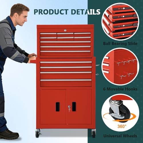 13-Drawer Rolling Tool Chest with Double Doors, 2 in 1 Detachable Rolling Tool Chests, Metal Standing Tool Cabinet with Lock, Large Toolbox for Garage Workshop, Gift for Christmas-Red - Image 4