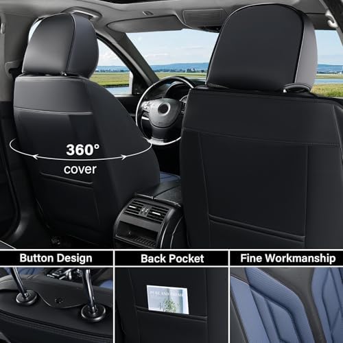 Coverado Car Seat Covers Full Set, Automotive Seat Covers Car Seat Protector Car Seat Cushion, Waterproof Leather Seat Covers for Cars, Universal Fit for Most Sedans SUV Pick-up Truck(Black&Blue) - Image 2