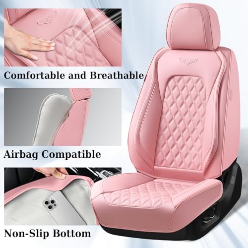 Coverado Front Seat Covers, Luxury Faux Leather Breathable Waterproof Protectors, Universal Fit for Cars, SUVs, Trucks, Durable Car Seat Protectors, Waterproof Car Cushions – Pink - Image 2