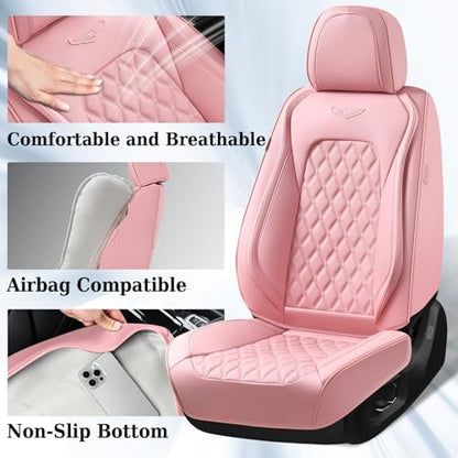 Coverado Full Set Car Seat Covers, Luxury Faux Leather Waterproof Seat Covers, Pink Car Seat Protectors, Universal Fit for Most Cars, Automotive Seat Covers-Pink - Image 2