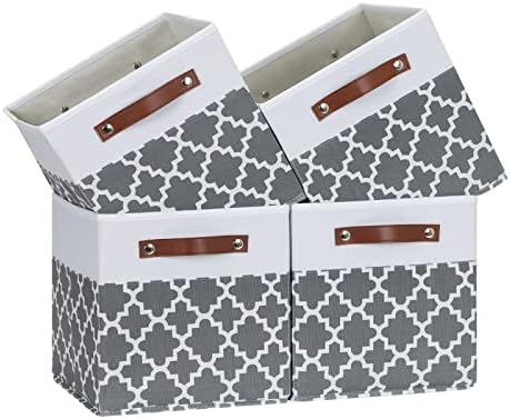Temary 11x11x11 Cube Storage Bins Cube Organizer Bins 4 Pack Canvas Storage Bin for Home, Cube Storage Basket with Leather Handles(Grey Lattice) by TEMARY