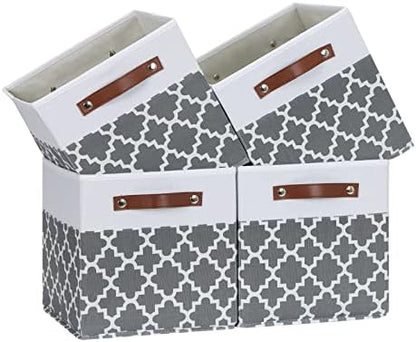 Temary 11x11x11 Cube Storage Bins Cube Organizer Bins 4 Pack Canvas Storage Bin for Home, Cube Storage Basket with Leather Handles(Grey Lattice) by TEMARY
