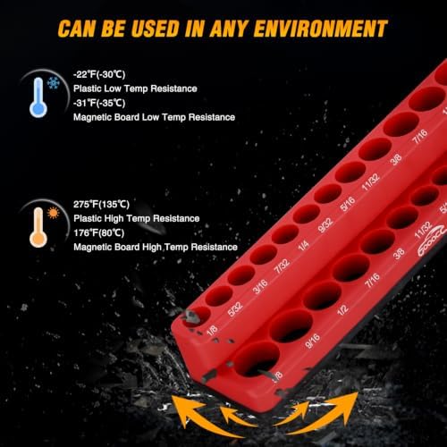 GOOACC 8 PCS Magnetic Socket Organizer, Heavy Duty Socket Organizer Tray 1/4" 3/8" 1/2" SAE Metric Drive Sockets Holds 199, Magnetic Socket Holder for Tool Box Drawer Chest Garage Storage, Blue&Red - Image 6