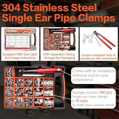 360Pcs 304SS Stepless Single Ear Hose Clamps Kit with Pliers for Fuel Line - Image 5