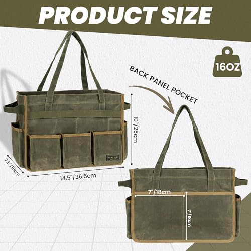 Tool Bag, Heavy Duty 16oz Waxed Canvas Garden Tool Organizer Tote with Reinforced Bottom, Large Capacity & 11 Slots, Dual Handles Tool Carrier for Gardening Carpentry DIY Tools | Army Green - Image 2