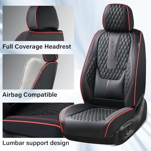Coverado Car Seat Covers Full Set, Nappa Leather Seat Covers for Car, Waterproof Car Seat Protector with Lumbar Support, Automotive Seat Covers Universal Fit for Most Cars SUV Trucks (Black-Red line) - Image 4