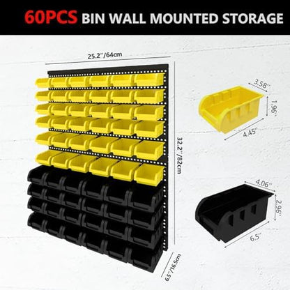60Pcs Plastic Wall Mounted Storage Bins Parts Rack Nuts And Bolt Bins Organizer For Shop Garage for Screws, Nuts, Bolts, Nails, Beads, and Small Hardware Parts (YELLOW+BLACK, 60) - Image 2