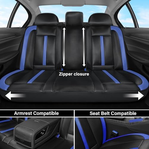 Coverado Leather Car Seat Covers Full Set & Carbon Fiber, Waterproof and Durable All Weather Protector, Universal Fit for SUV, Pickup Truck, Sedan, Automotive Vehicle Interior, Black&Blue - Image 6