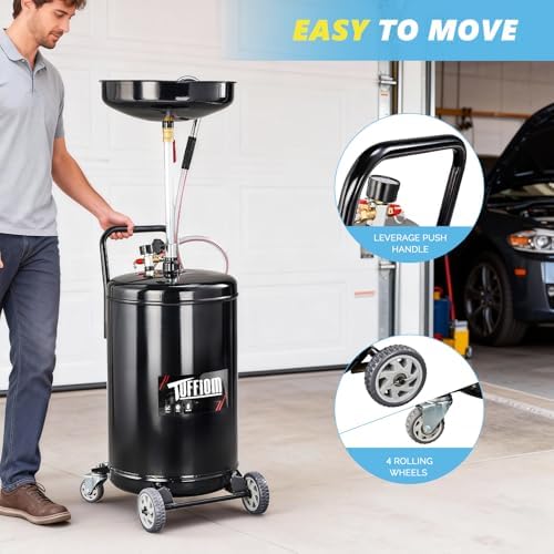 TUFFIOM 20 Gallon Waste Oil Drain Tank with Wheels & Handle, Adjustable Funnel Height Air-Operated Oil Drainer, Large Capacity Leak-Proof Oil Drain Container for Auto Fluids, Garage, Black - Image 4