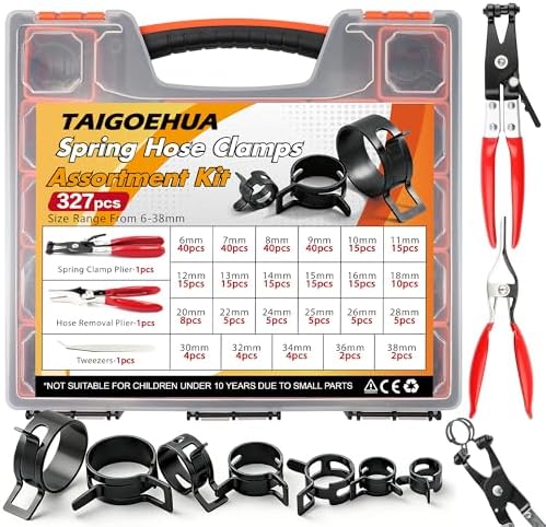 327-Pcs 65Mn Spring Clamps Kit (23 Sizes, 6-38mm) with Swivel Jaw Pliers,Hose Removal Pliers & Tweezers - Constant Tension Fit For Fuel, Coolant, Vacuum & Silicone Hose（Black） by Taigoehua